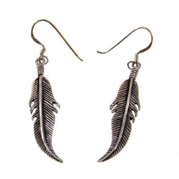 Handcrafted Solid 925 Sterling Silver Bird Feather Drop Dangle Hook Earrings - Picture 1 of 5